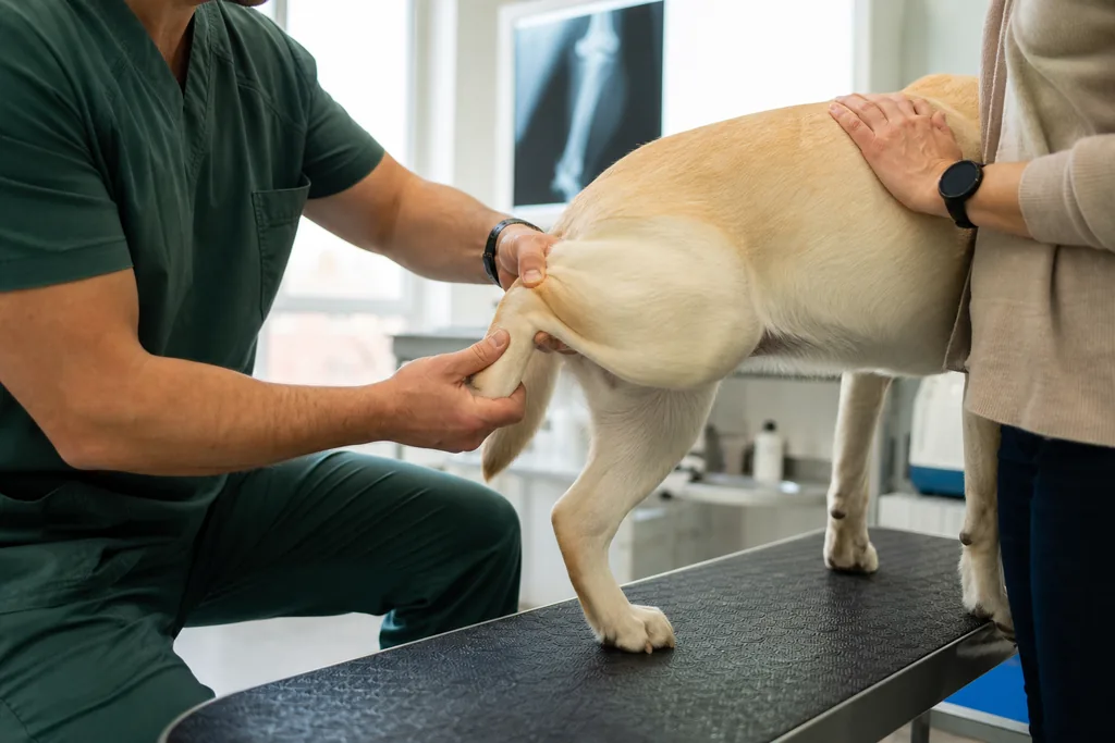Lekarz weterynarii bada kolano labradora przed kwalifikacją do operacji TPLO